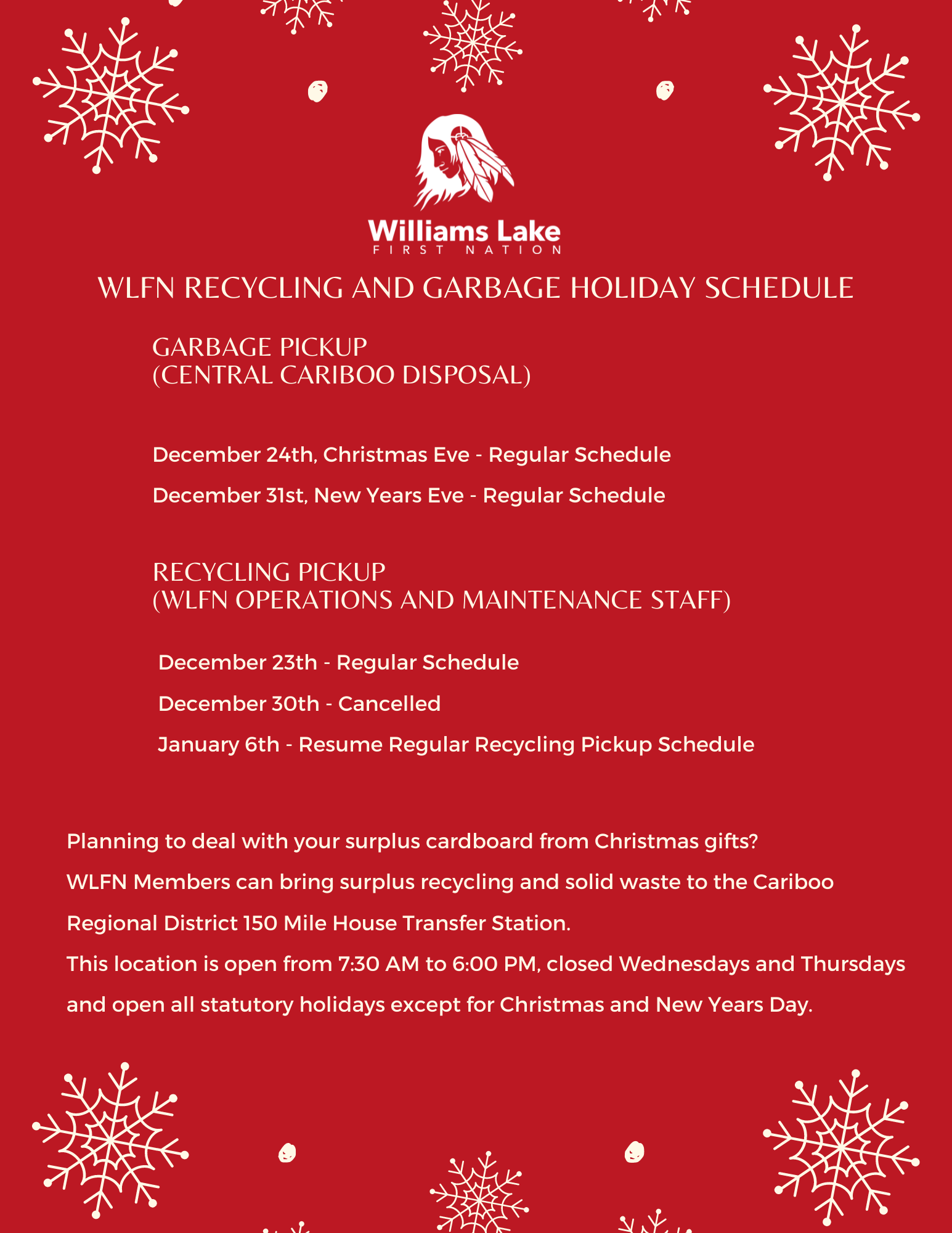 WLFN Recycling and Garbage Holiday Schedule
